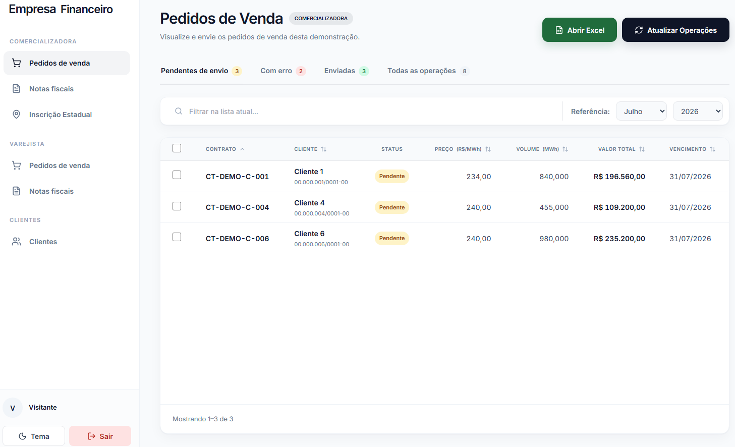Tela de pedidos de venda do sistema financeiro